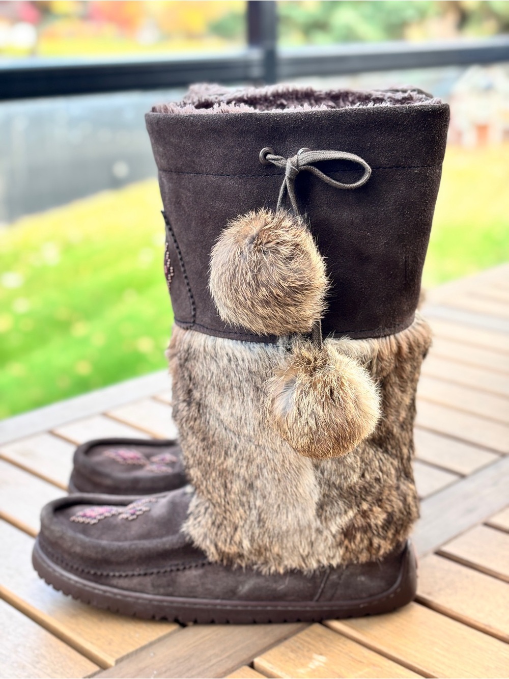Manitobah Mukluks Brown Suede Rabbit Fur Moccasins